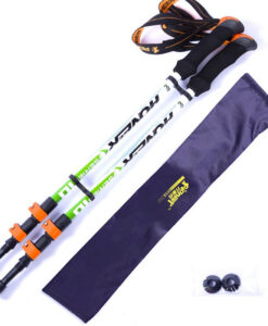 Pair of green hiking poles with carry bag